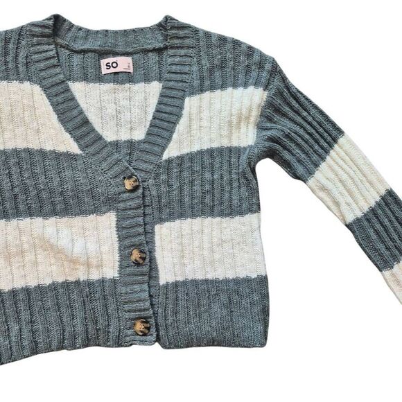 SO Women's Sage Green & White Cotton/Acrylic Striped Sweater Ribbed Knit Button - Picture 4 of 9